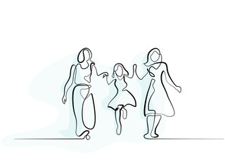 Continuous line drawing. Family with mother, grandmother and girl walking. Vector illustration