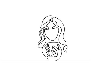 Continuous one line drawing. Abstract portrait of a woman with cup of tea. Vector illustration.