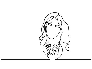 Continuous one line drawing. Abstract portrait of a woman with cup of tea. Vector illustration.