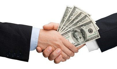 Close-up of business men hands holding money isolated on white