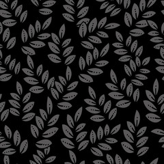 Vector seamless pattern of white leafs on black background. Use on monochrome black and white wallpaper, textures and background