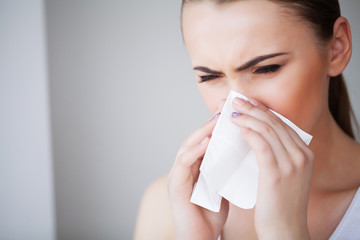 Flu and Sick Woman. Sick Woman Using Paper Tissue, Head Cold Problem