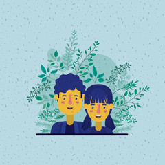 young couple with leafs decoration characters vector illustration design