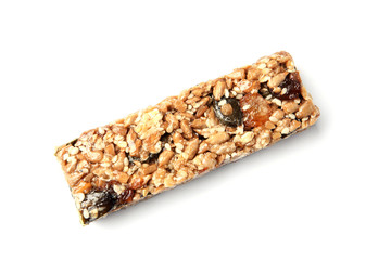 Grain cereal bar on white background. Healthy snack