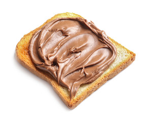 Toast bread with tasty chocolate spread on white background