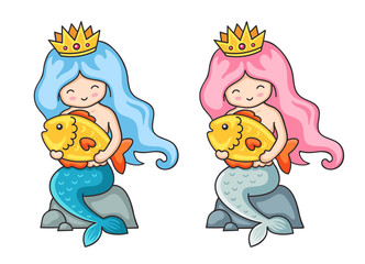 Beautiful mermaids with golden fish. Cute girls with blue and pink hair. Vector illustration.