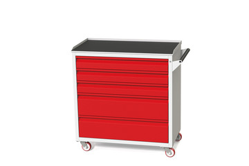 Metal tool cabinet on wheels with drawers. A convenient place for storing tools and spare parts. Metal furniture.