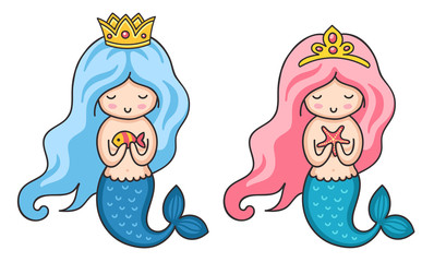 Cute little mermaids with long beautiful hair and crown. Vector illustration.