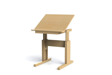 Children's small wooden table. School desk with adjustable height on a white background. Isolated.