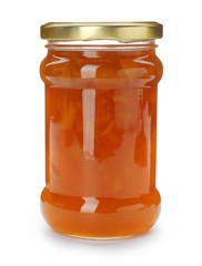 Jar with peach jam on white background