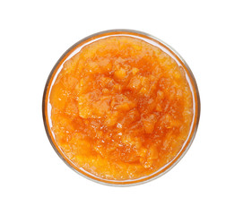 Bowl with peach jam on white background, top view
