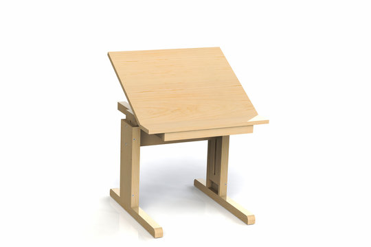 Children's small wooden table. School desk with adjustable height on a white background. Isolated.