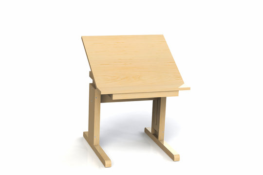 Children's small wooden table. School desk with adjustable height on a white background. Isolated.