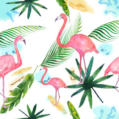 Watercolor pattern of tropical leaves, Flamingo isolated on white background.