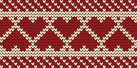 Knitted pattern on a red background. Ornament. Seamless border with hearts. It can be used as a winter background or a background for Valentine's Day. Vector illustration.