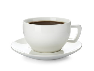 Ceramic cup with hot aromatic coffee on white background