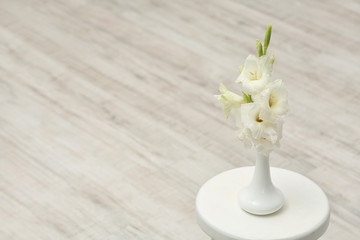 Vase with beautiful gladiolus flowers on table indoors