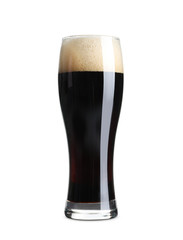 Glass of cold dark beer on white background
