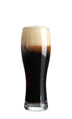 Glass of cold dark beer on white background