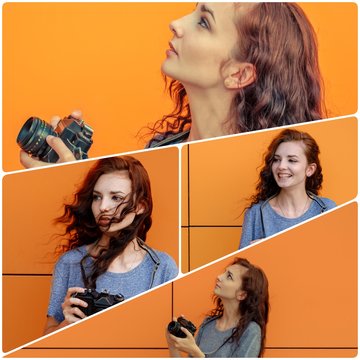 Collage girl with vintage camera