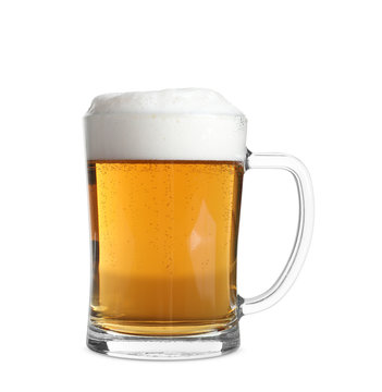 Glass mug with cold tasty beer on white background