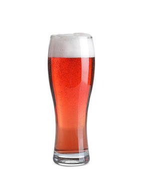 Glass of cold red beer on white background