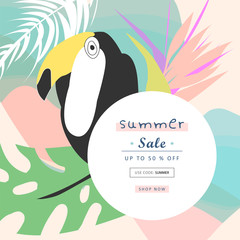 Tropical collage sale banner in hawaiian style with toucan bird and exotic floral decoration elements. Colorful summer background for advertising made in vector