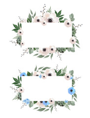 Fototapeta premium Floral wreath with green eucalyptus leaves, flower rose, anemone . Frame border with copy space eps10