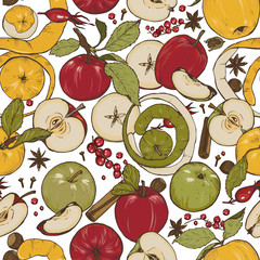 Whole apples, cut into halves and slices, spices and berries, vector seamless pattern