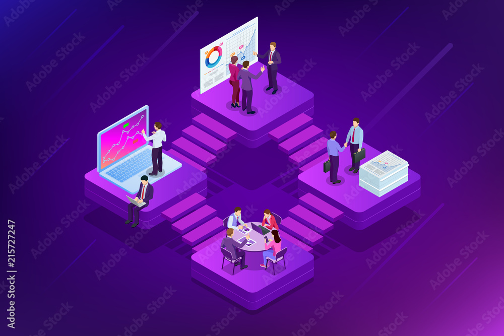 Poster isometric analysis data and investment. project management, business communication, workflow and con