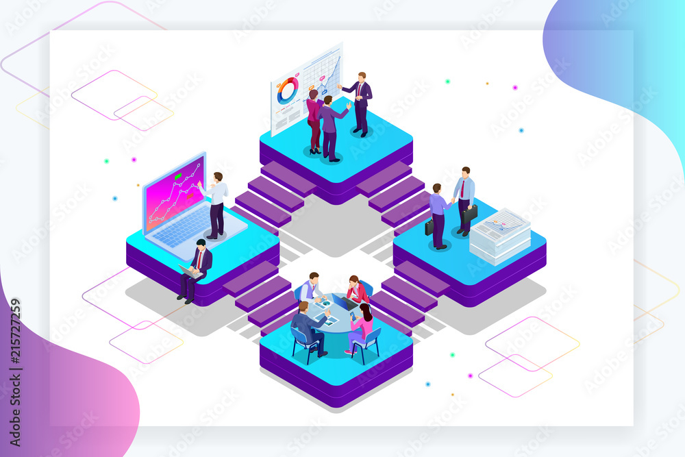 Poster isometric analysis data and investment. project management, business communication, workflow and con
