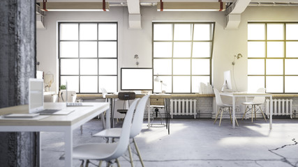Bright workspace loft. 3d illustration
