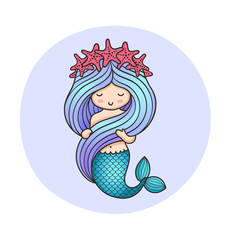Cute little mermaid, holding her hair. Cartoon character on a round violet background. Illustration for poster, postcard. Print for kids, children, babies