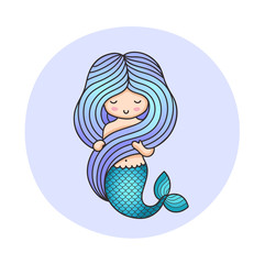 Little mermaid with long beautiful blue hair. Cartoon character for print, poster, postcard.