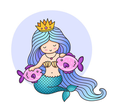 Little princess mermaid with long blue hair and crown, sitting on the seabed with two fish. Cute cartoon character. Colorful illustration for print, poster, greeting card, postcard, invitation.