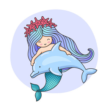 Little dreamy princess mermaid in a wreath of starfish, floating with dolphin. Colorful cartoon character on a round violet background for print, poster, postcard.