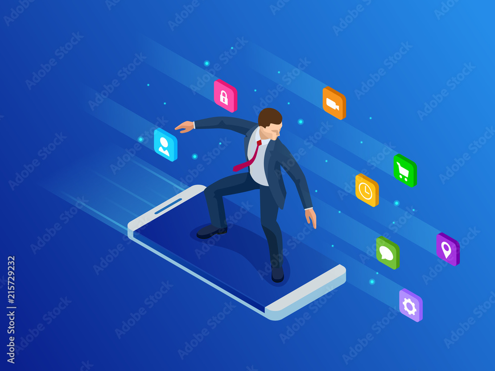 Poster isometric mobile phone and businessman. virtual business surfing. smart and simple web interface wit