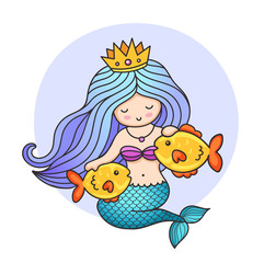 Fototapeta na wymiar Cute mermaid with two golden fish. Vector colorful cartoon personage for print, postcard, card, poster, decoration.