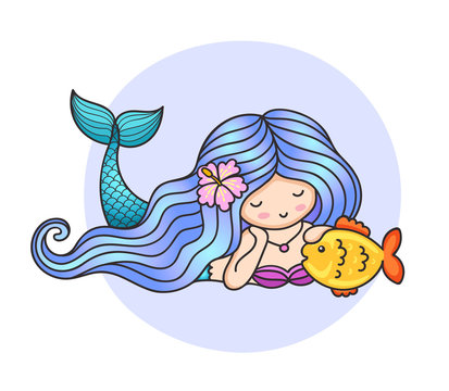 Mermaid with flower in her hair, stroking a fish. Cartoon character for print, poster, postcard. Vector illustration.