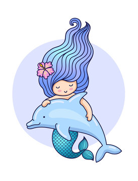 Cute mermaid, floating with dolphin. Friendship, love. Colorful illustration for poster, postcard. Print for kids, children, babies fashion and clothes