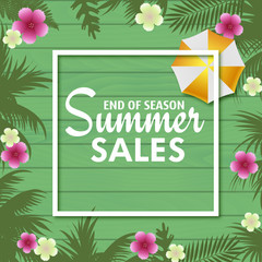 Summer sales card with palm tree leaves . Vector