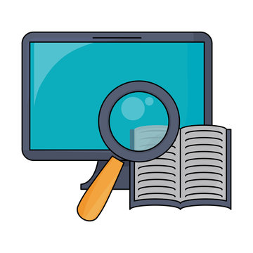 computer with book and lupe over white background, vector illustration