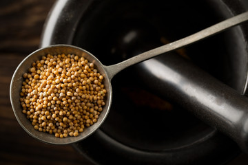 Raw, unprocessed mustard seed kernels in metal scoop on black mortar