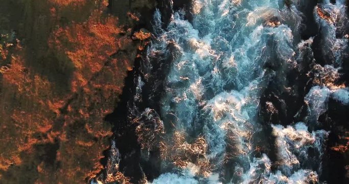 Flying over a river with rapids in Iceland