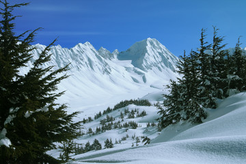 Alaska, Turnagain Pass. View from Center Ridge backcountry ski area looking towards 