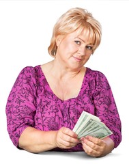 middle-aged woman holding dollar bills