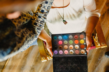 Cosmetics set, palette of eyeshadows, lipsticks, brushes, blush.