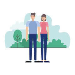 young couple outside scene avatars characters vector illustration design