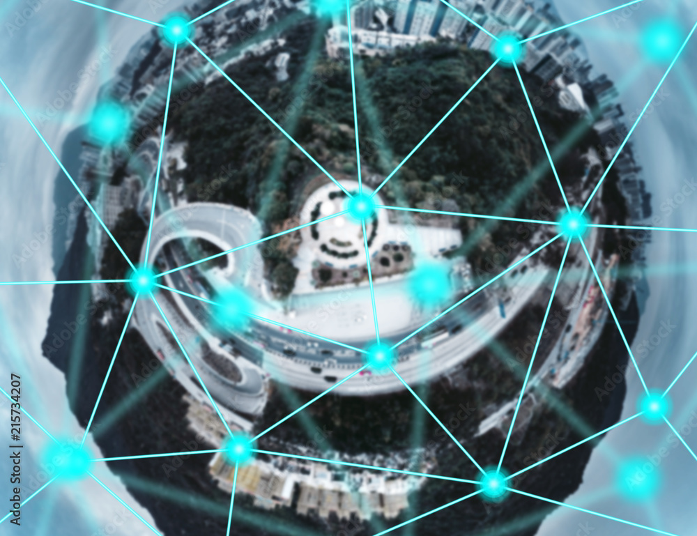 Poster communication and networking concept with cityscape on background