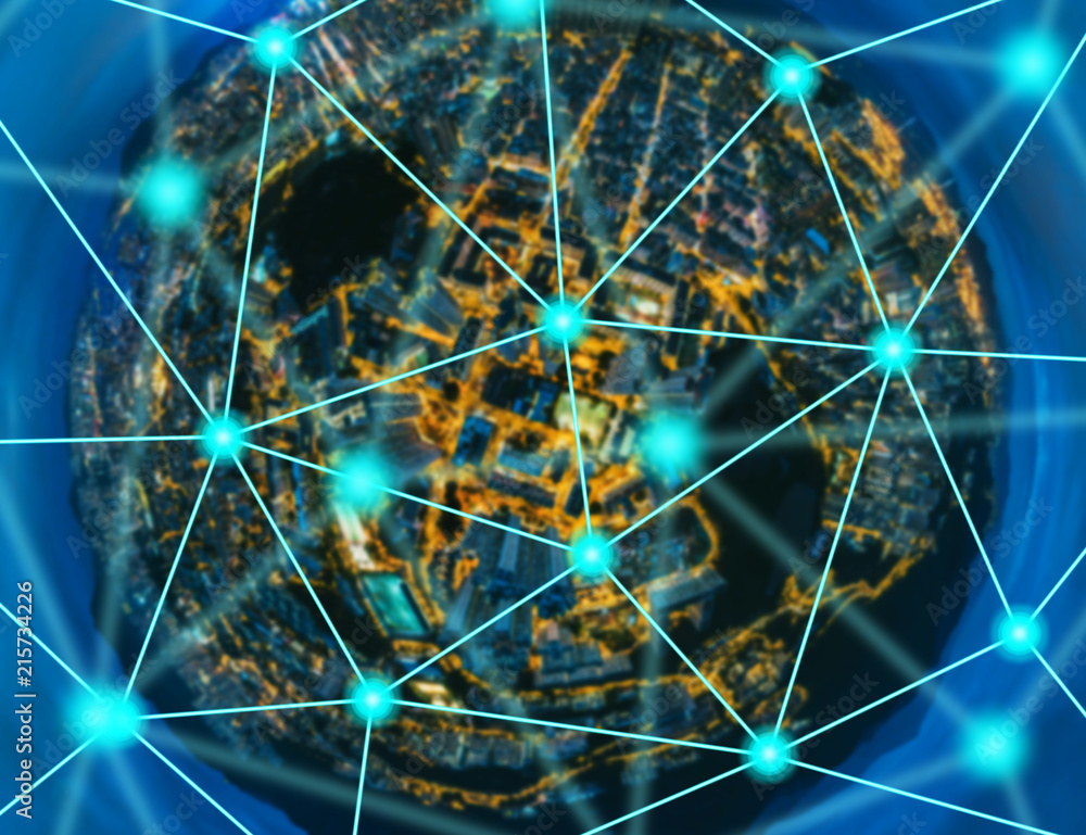 Poster Communication and Networking concept with cityscape on background 